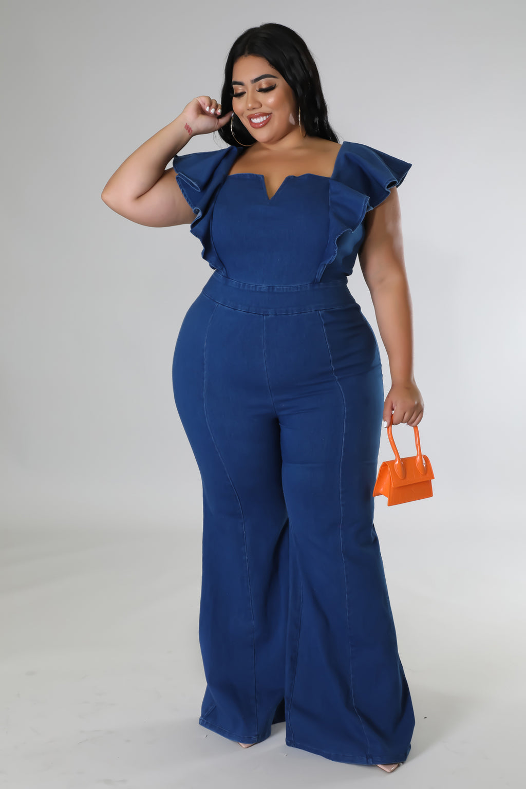 Tall Indigo Blue Wash Backless Stretch Denim Jumpsuit