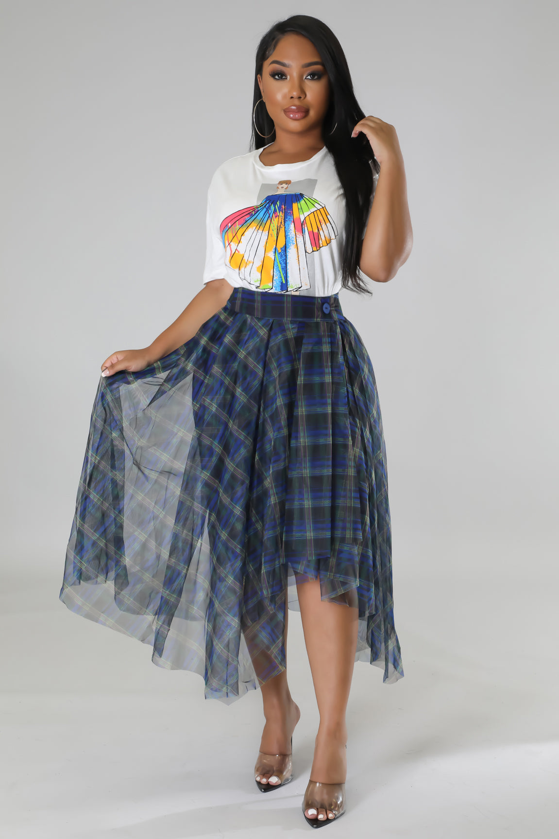 Denim and shop plaid maxi skirt