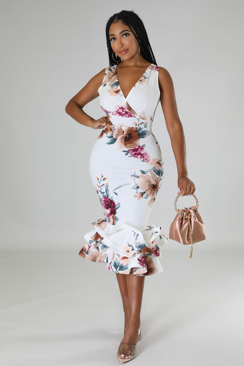 maya v neck sleeveless midi dress