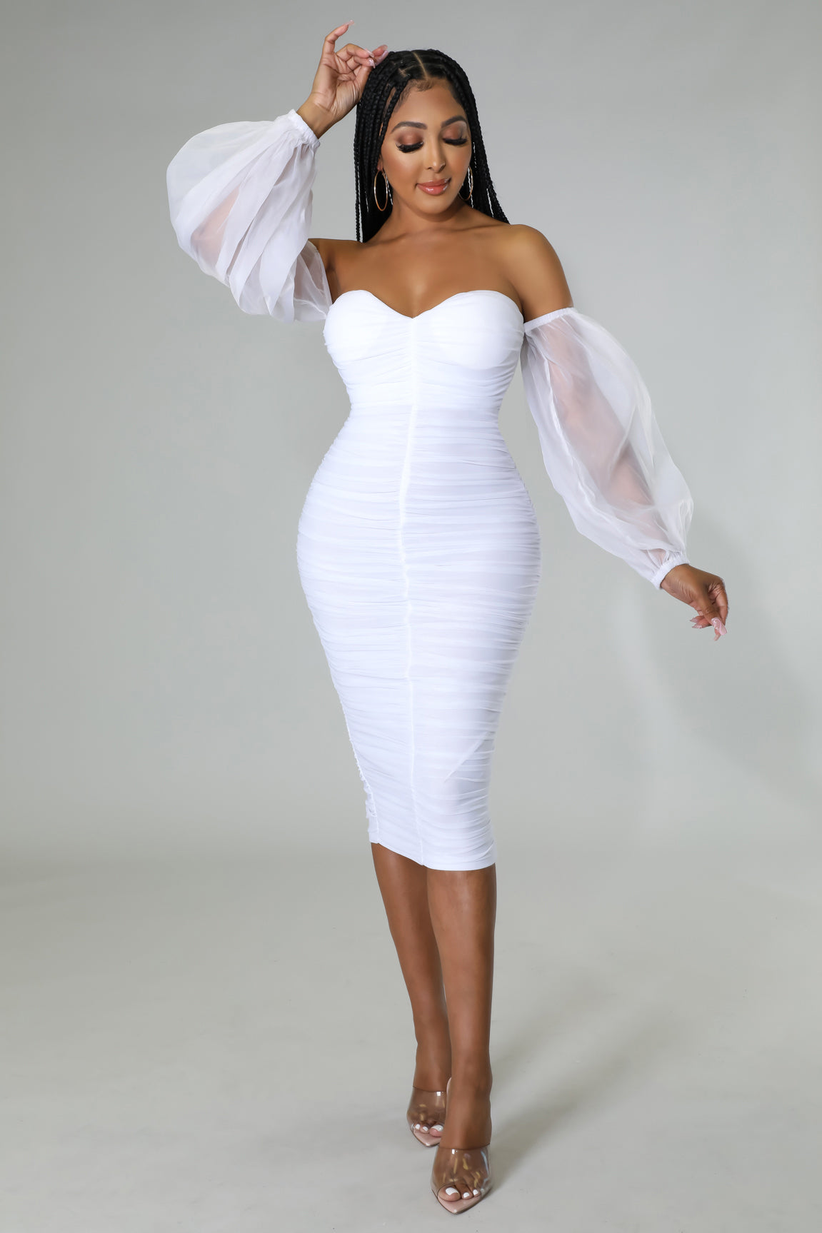 White mesh ruched 2024 bardot midi dress